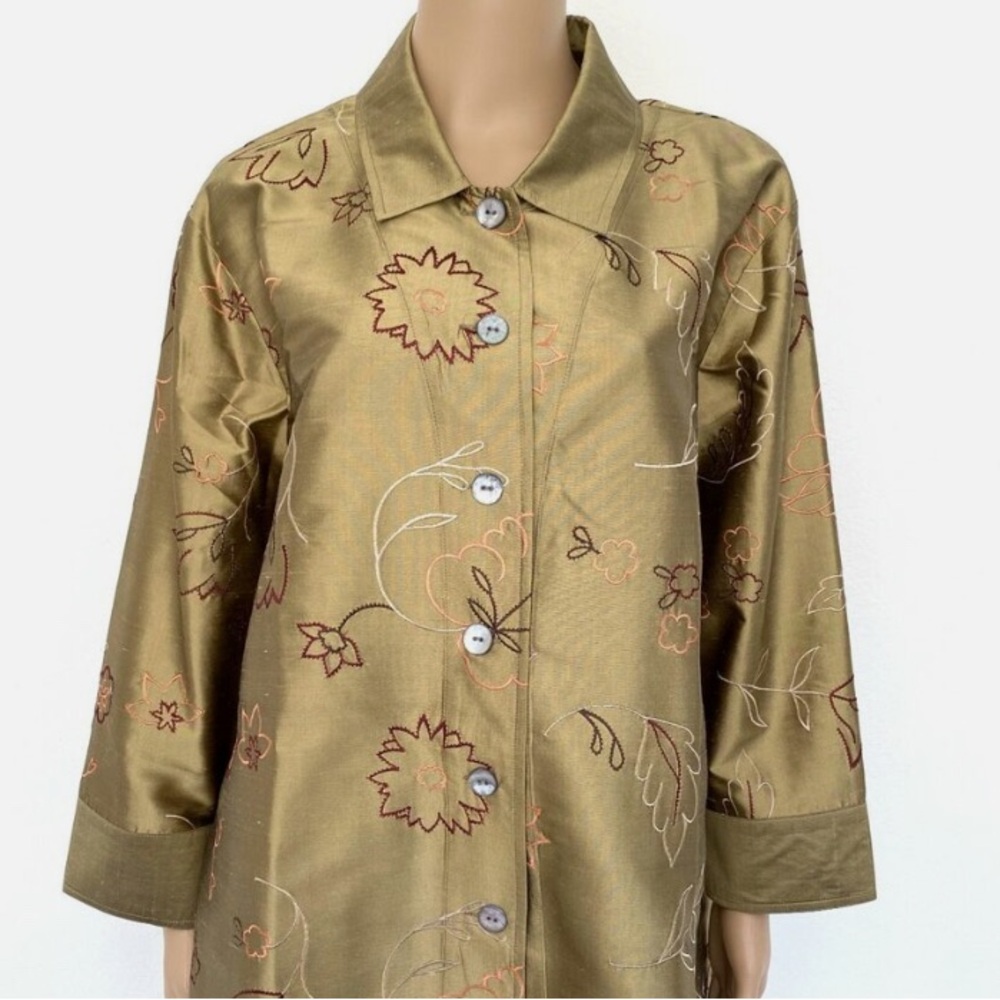 Silk Embroidery Olive Gold Blouse Shirt Tunic Top